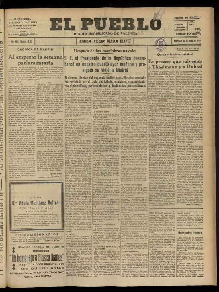 Miniatura de El Pueblo : Diario republicano de Valencia  del 13 de junio de 1934, nº 14.398