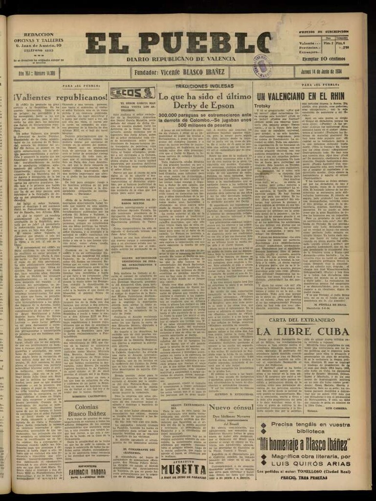 Miniatura de El Pueblo : Diario republicano de Valencia  del 14 de junio de 1934, nº 14.399