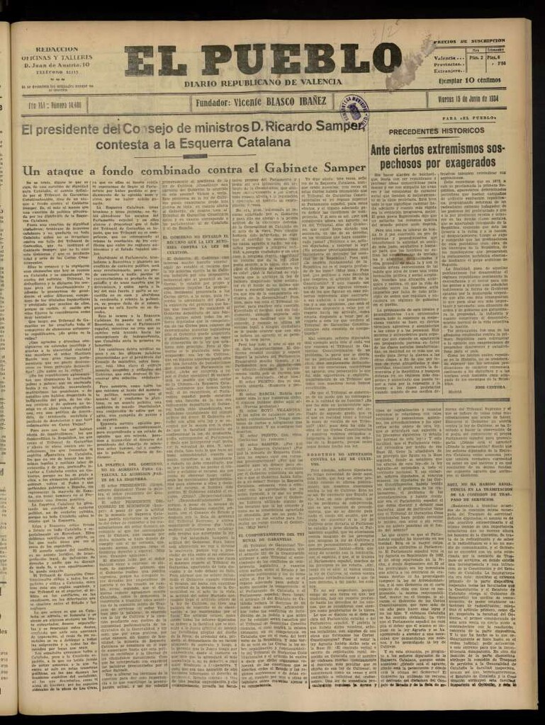 Miniatura de El Pueblo : Diario republicano de Valencia  del 15 de junio de 1934, nº 14.400