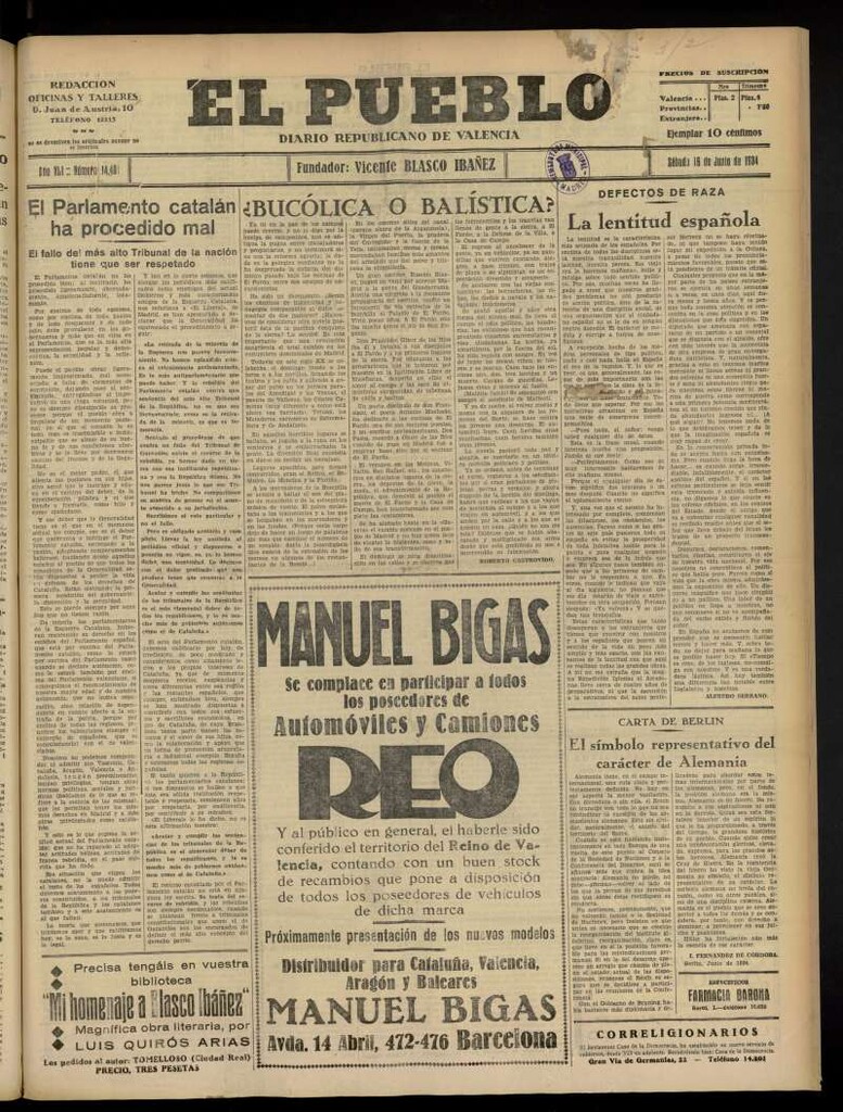 Miniatura de El Pueblo : Diario republicano de Valencia  del 16 de junio de 1934, nº 14.401