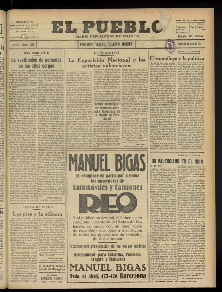 Miniatura de El Pueblo : Diario republicano de Valencia  del 19 de junio de 1934, nº 14.403