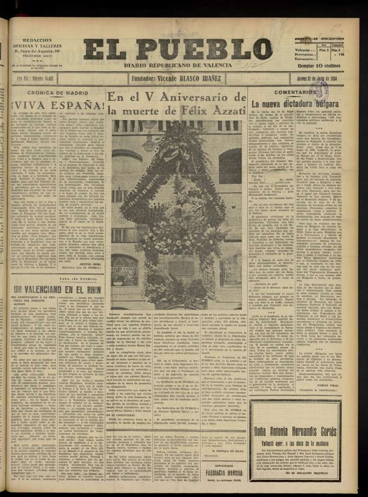 Miniatura de El Pueblo : Diario republicano de Valencia  del 21 de junio de 1934, nº 14.405