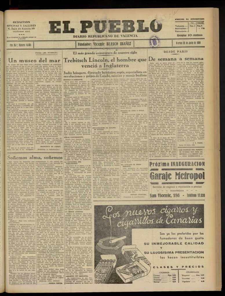 Miniatura de El Pueblo : Diario republicano de Valencia  del 22 de junio de 1934, nº 14.406