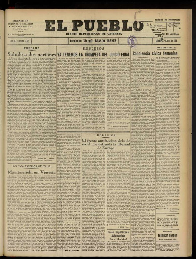 Miniatura de El Pueblo : Diario republicano de Valencia  del 23 de junio de 1934, nº 14.407