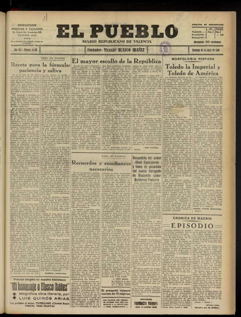 Miniatura de El Pueblo : Diario republicano de Valencia  del 24 de junio de 1934, nº 14.408