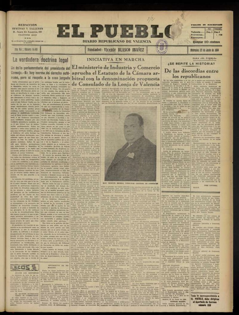 Miniatura de El Pueblo : Diario republicano de Valencia  del 27 de junio de 1934, nº 14.410