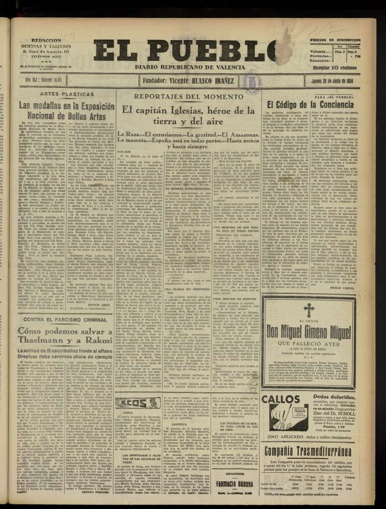 Miniatura de El Pueblo : Diario republicano de Valencia  del 28 de junio de 1934, nº 14.411