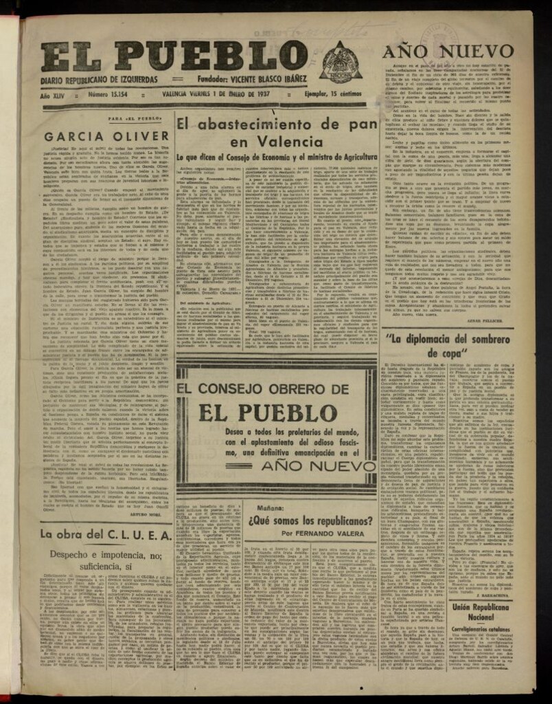 Miniatura de El Pueblo : Diario republicano de Valencia del 1 de enero de 1937, nº 15.154