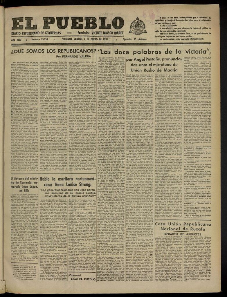 Miniatura de El Pueblo : Diario republicano de Valencia del 2 de enero de 1937, nº 15.155