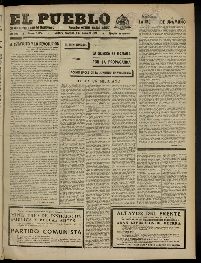 Miniatura de El Pueblo : Diario republicano de Valencia del 3 de enero de 1937, nº 15.156