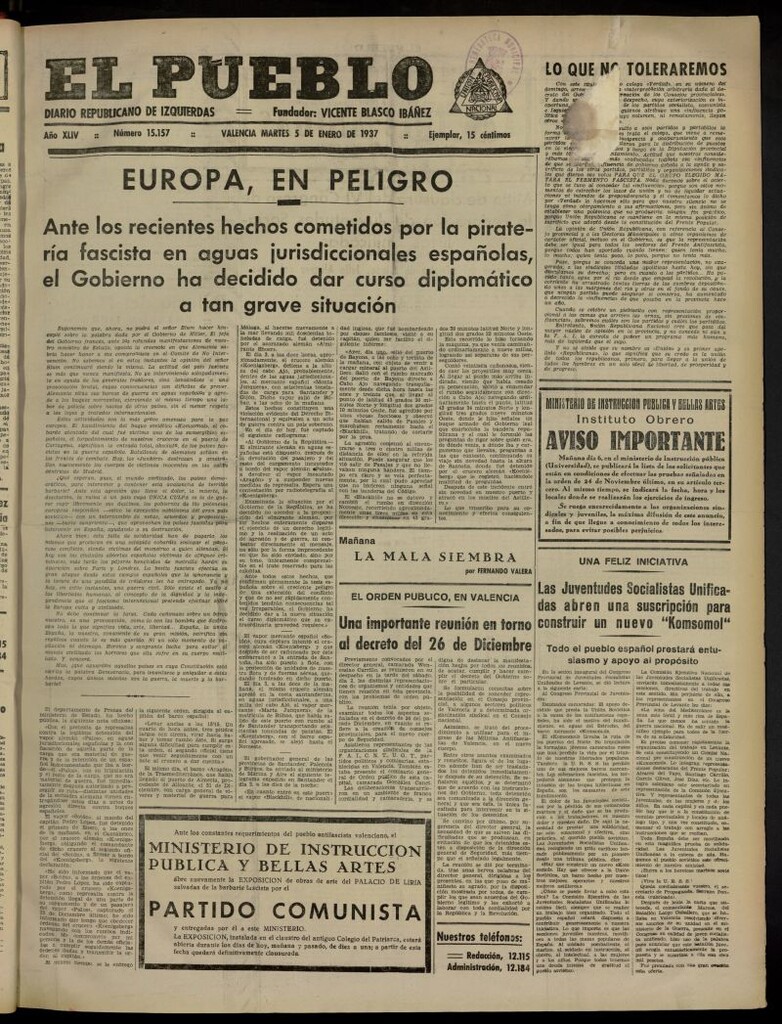 Miniatura de El Pueblo : Diario republicano de Valencia del 5 de enero de 1937, nº 15.157
