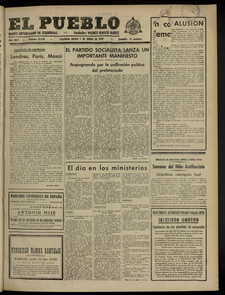 Miniatura de El Pueblo : Diario republicano de Valencia del 7 de enero de 1937, nº 15.159