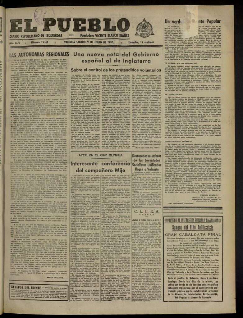 Miniatura de El Pueblo : Diario republicano de Valencia del 9 de enero de 1937, nº 15.161