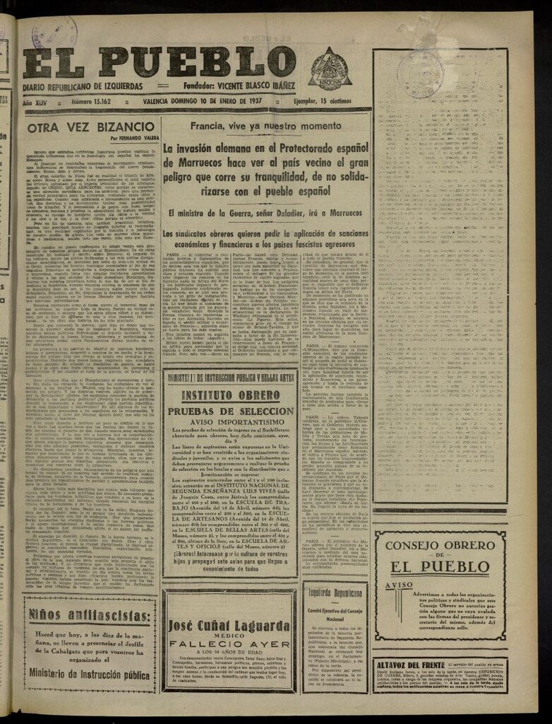 Miniatura de El Pueblo : Diario republicano de Valencia del 10 de enero de 1937, nº 15.162