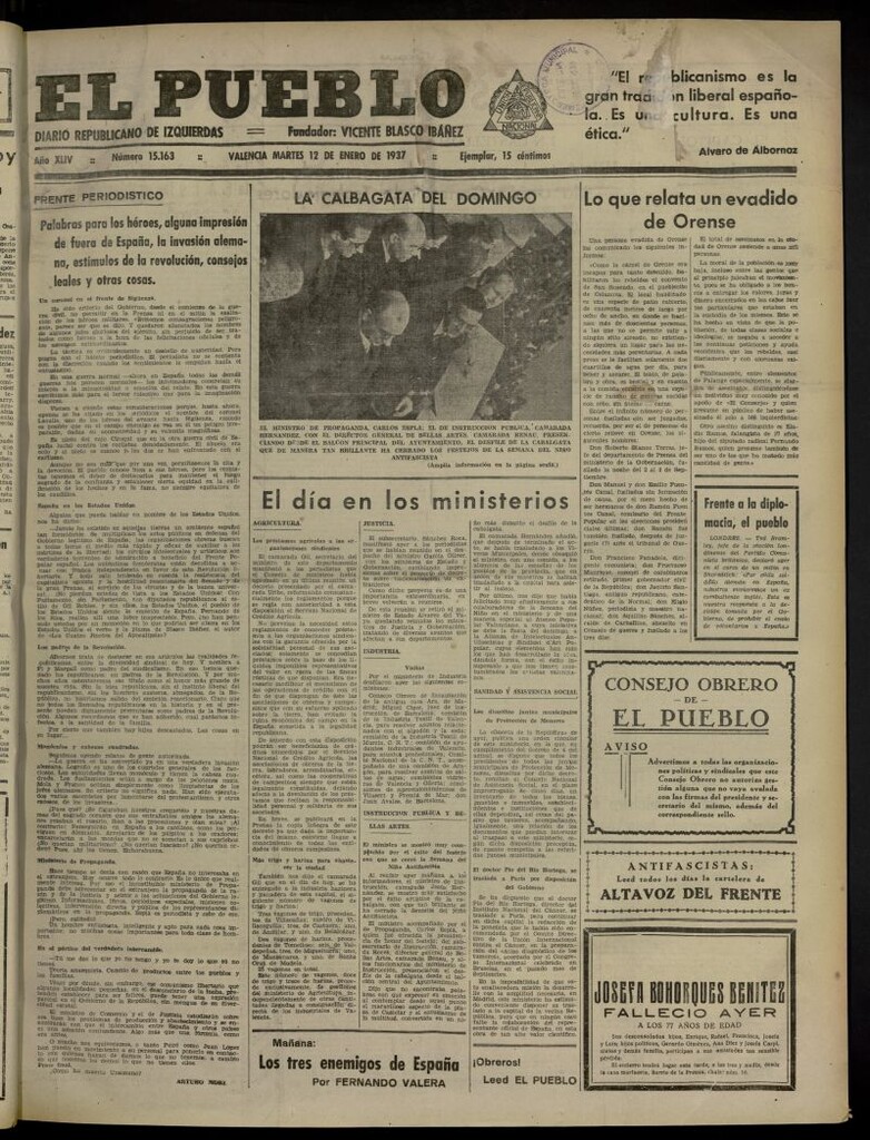 Miniatura de El Pueblo : Diario republicano de Valencia del 12 de enero de 1937, nº 15.163