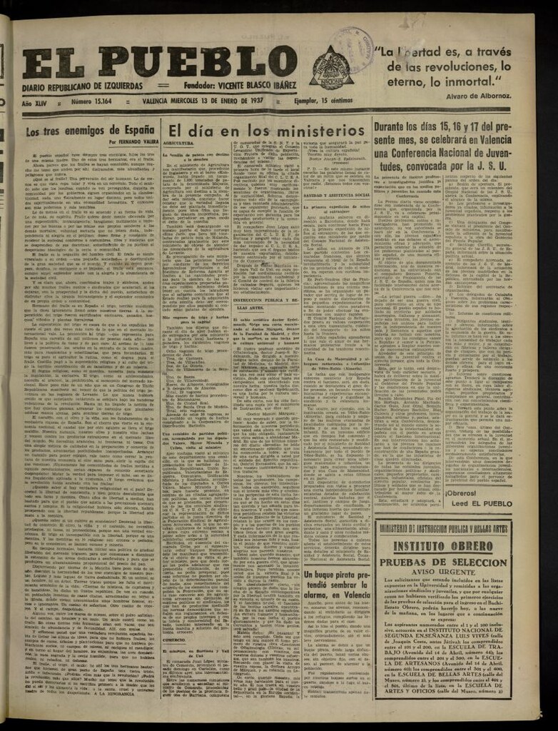 Miniatura de El Pueblo : Diario republicano de Valencia del 13 de enero de 1937, nº 15.164