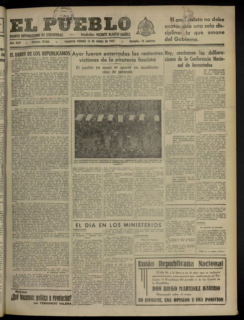 Miniatura de El Pueblo : Diario republicano de Valencia del 15 de enero de 1937, nº 15.166