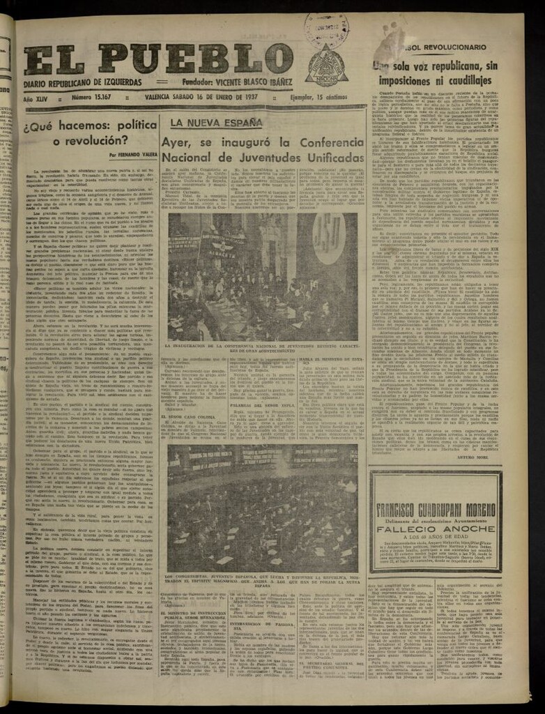 Miniatura de El Pueblo : Diario republicano de Valencia del 16 de enero de 1937, nº 15.167