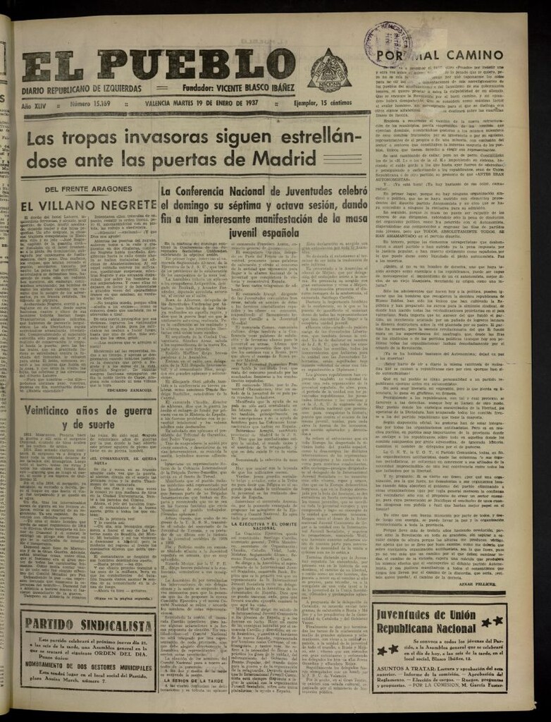 Miniatura de El Pueblo : Diario republicano de Valencia del 19 de enero de 1937, nº 15.169
