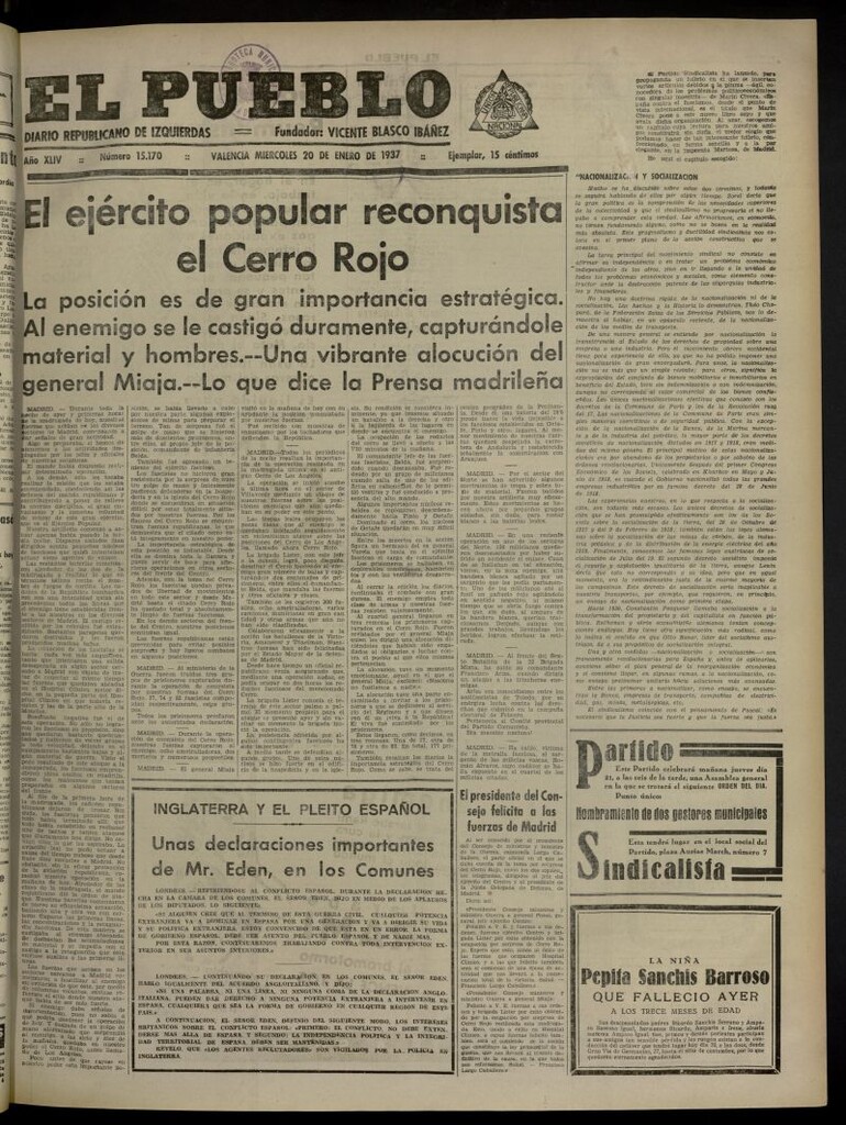 Miniatura de El Pueblo : Diario republicano de Valencia del 20 de enero de 1937, nº 15.170