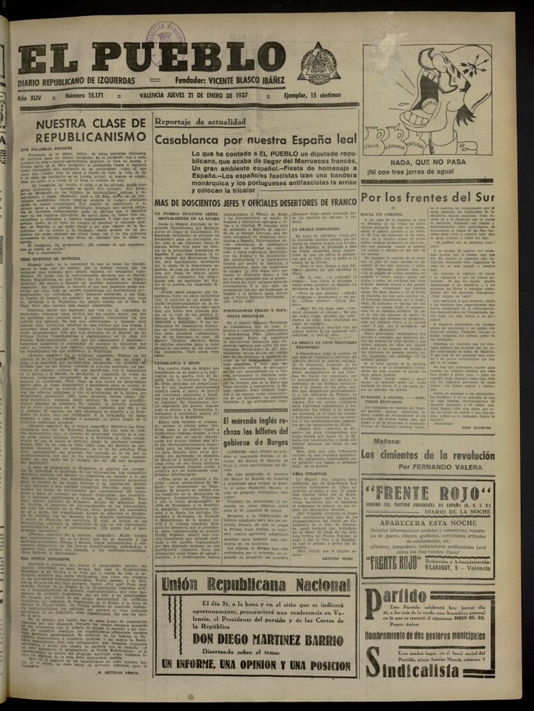 Miniatura de El Pueblo : Diario republicano de Valencia del 21 de enero de 1937, nº 15.171