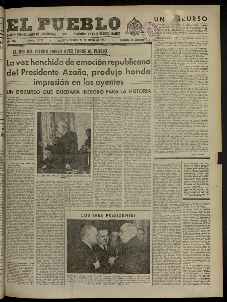 Miniatura de El Pueblo : Diario republicano de Valencia del 22 de enero de 1937, nº 15.172
