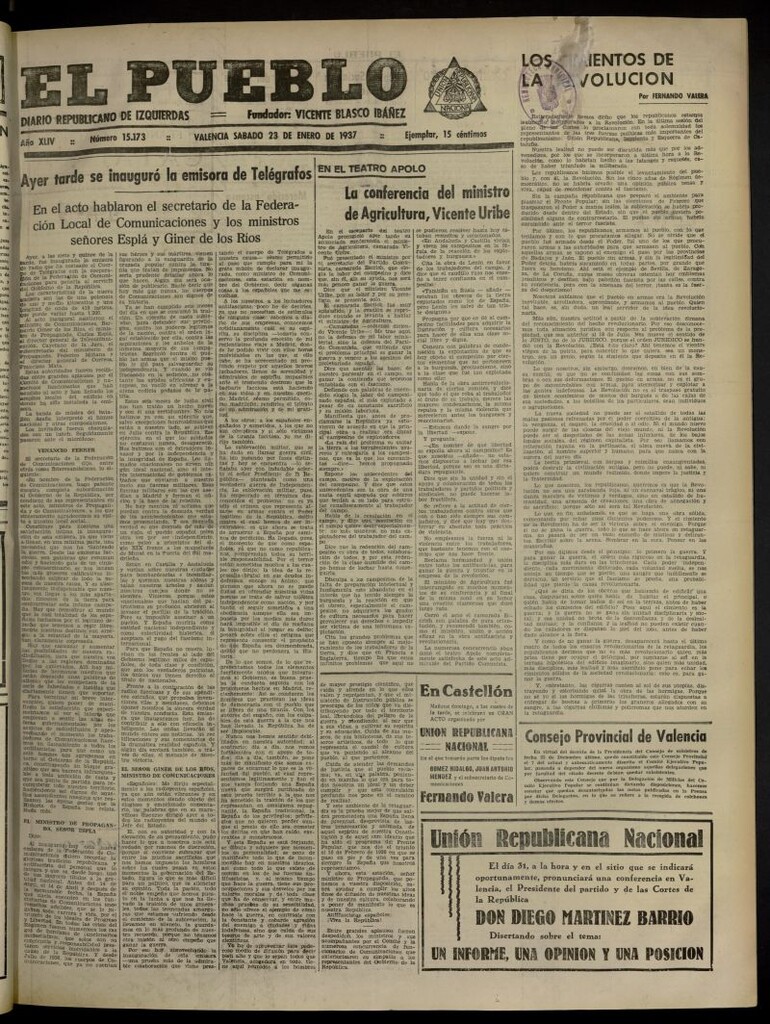 Miniatura de El Pueblo : Diario republicano de Valencia del 23 de enero de 1937, nº 15.173