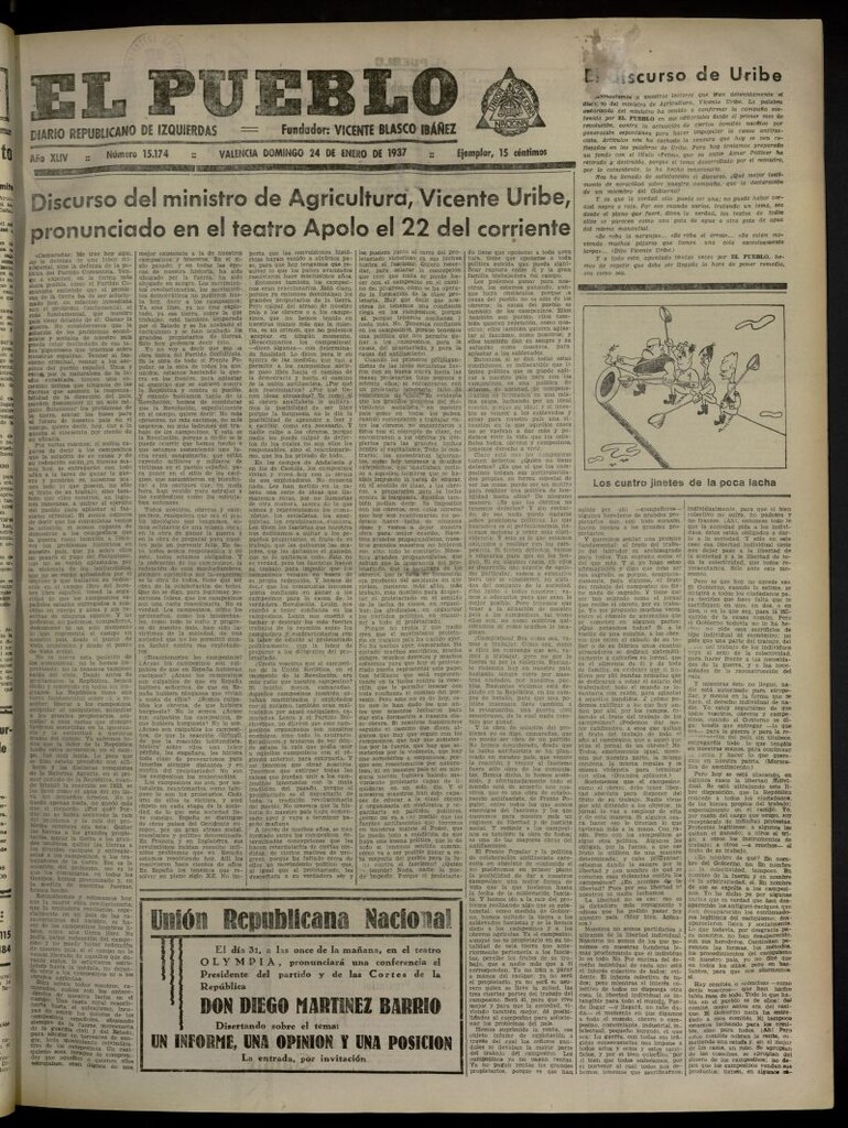 Miniatura de El Pueblo : Diario republicano de Valencia del 24 de enero de 1937, nº 15.174