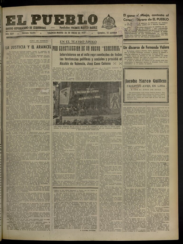 Miniatura de El Pueblo : Diario republicano de Valencia del 26 de enero de 1937, nº 15.175