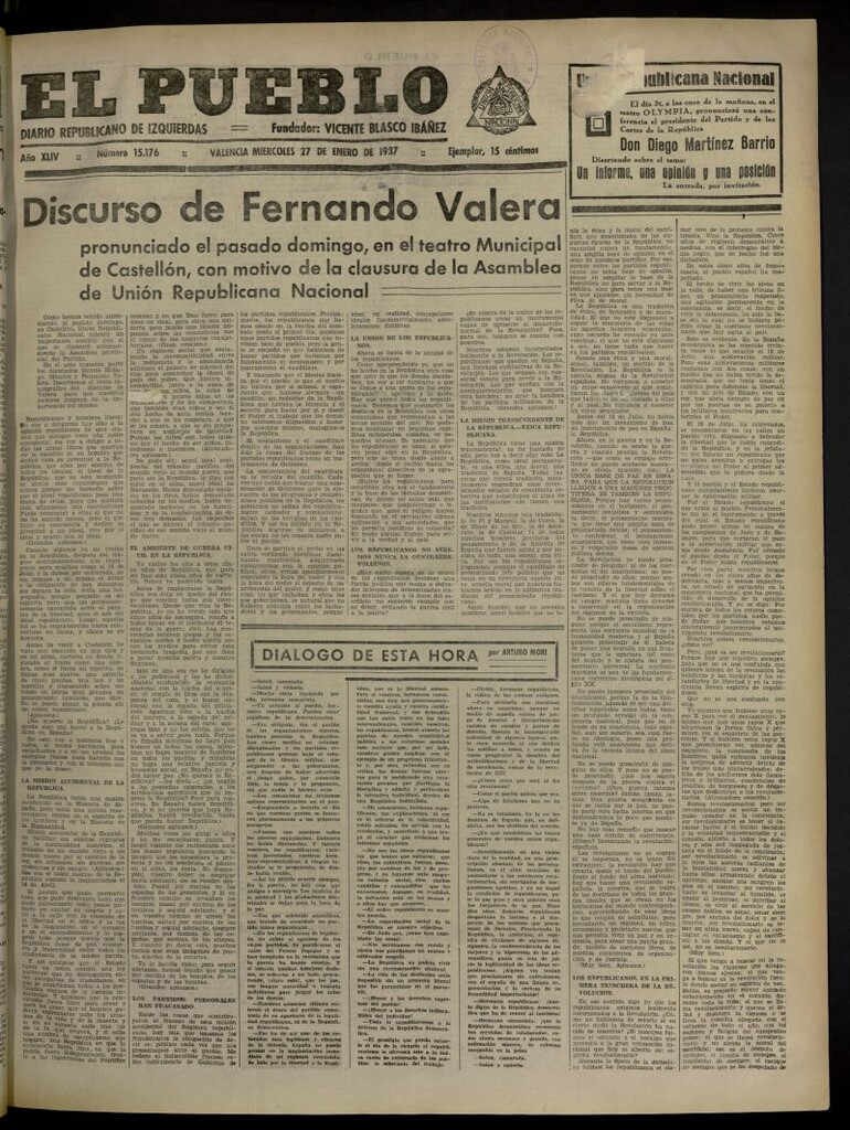 Miniatura de El Pueblo : Diario republicano de Valencia del 27 de enero de 1937, nº 15.176