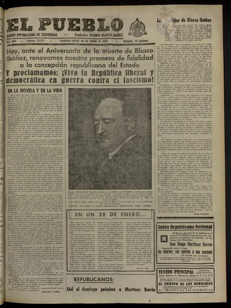 Miniatura de El Pueblo : Diario republicano de Valencia del 28 de enero de 1937, nº 15.177