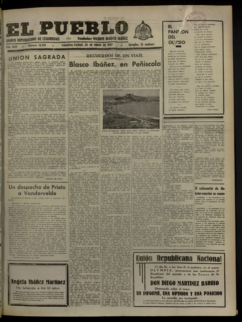 Miniatura de El Pueblo : Diario republicano de Valencia del 29 de enero de 1937, nº 15.178