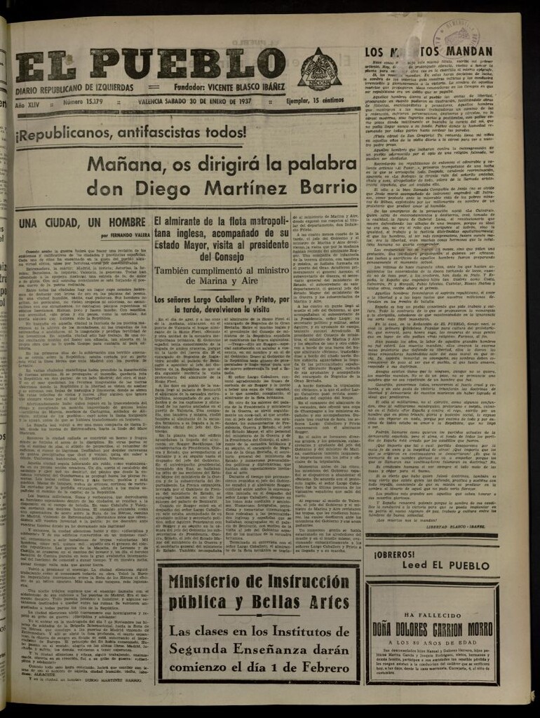Miniatura de El Pueblo : Diario republicano de Valencia del 30 de enero de 1937, nº 15.179