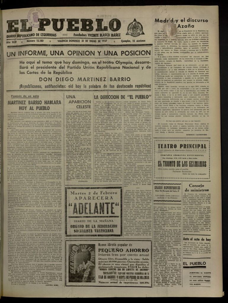 Miniatura de El Pueblo : Diario republicano de Valencia del 31 de enero de 1937, nº 15.180
