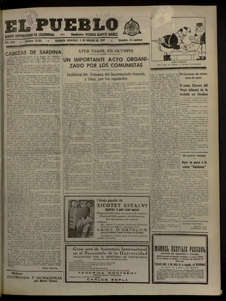 Miniatura de El Pueblo : Diario republicano de Valencia del 3 de febrero de 1937, nº 15.182