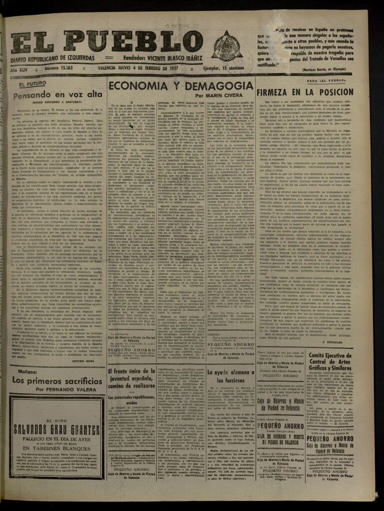 Miniatura de El Pueblo : Diario republicano de Valencia del 4 de febrero de 1937, nº 15.183