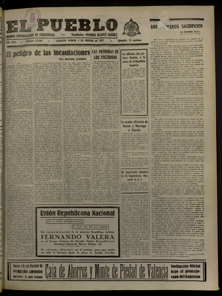 Miniatura de El Pueblo : Diario republicano de Valencia del 5 de febrero de 1937, nº 15.184