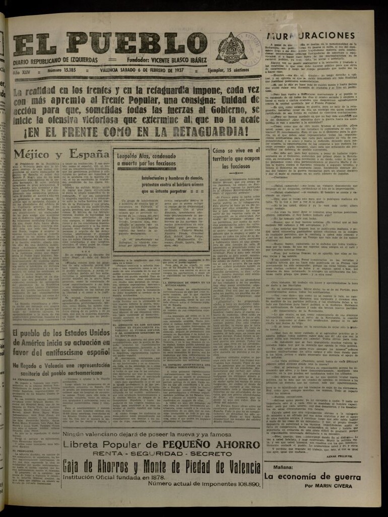Miniatura de El Pueblo : Diario republicano de Valencia del 6 de febrero de 1937, nº 15.185