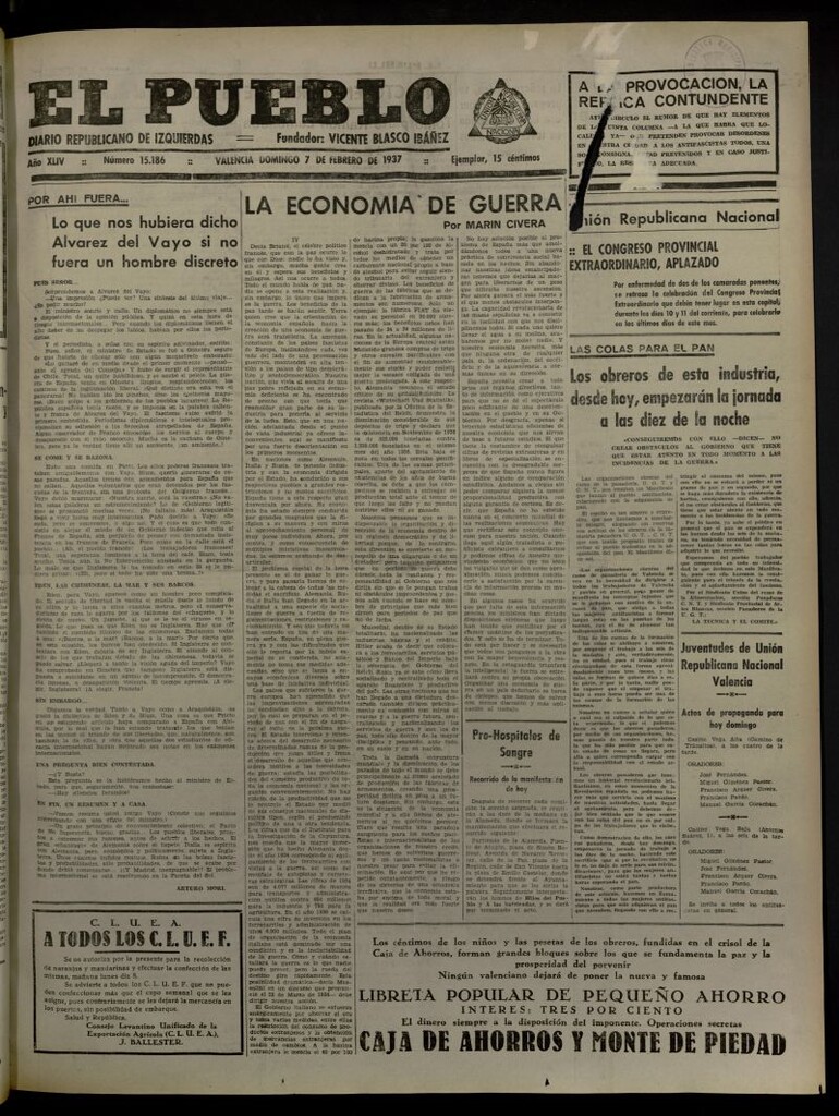 Miniatura de El Pueblo : Diario republicano de Valencia del 7 de febrero de 1937, nº 15.186
