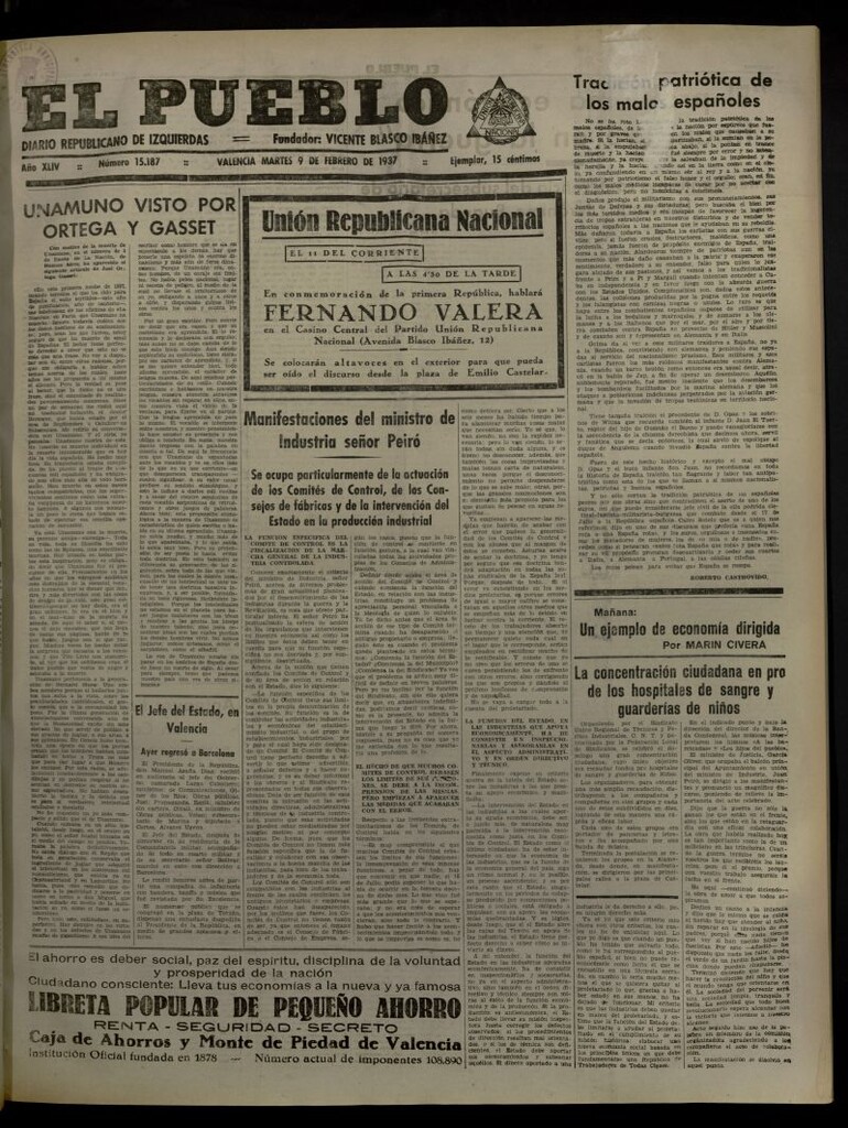 Miniatura de El Pueblo : Diario republicano de Valencia del 9 de febrero de 1937, nº 15.187