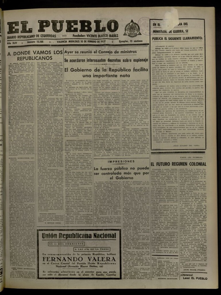 Miniatura de El Pueblo : Diario republicano de Valencia del 10 de febrero de 1937, nº 15.188