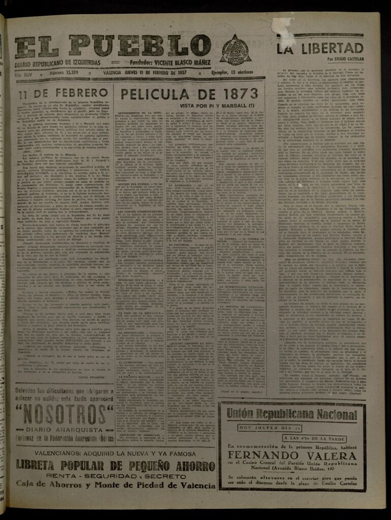 Miniatura de El Pueblo : Diario republicano de Valencia del 11 de febrero de 1937, nº 15.189