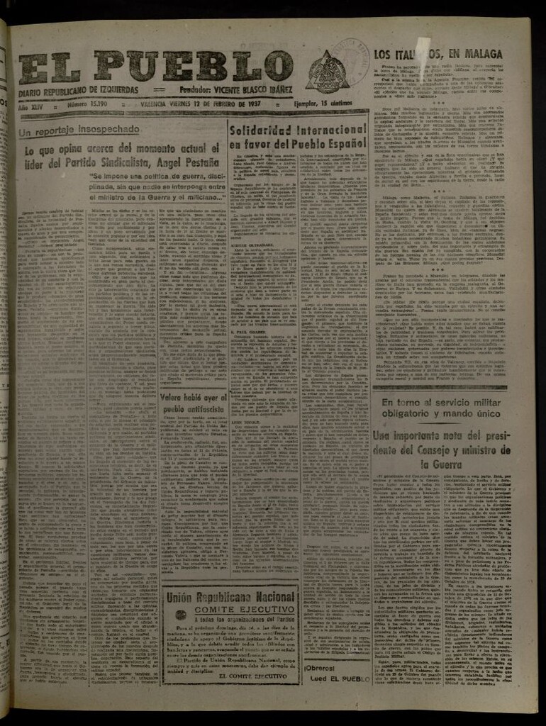 Miniatura de El Pueblo : Diario republicano de Valencia del 12 de febrero de 1937, nº 15.190
