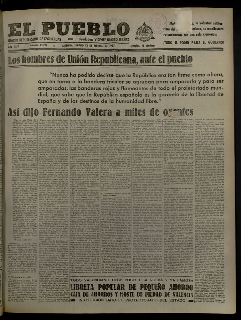 Miniatura de El Pueblo : Diario republicano de Valencia del 13 de febrero de 1937, nº 15.191