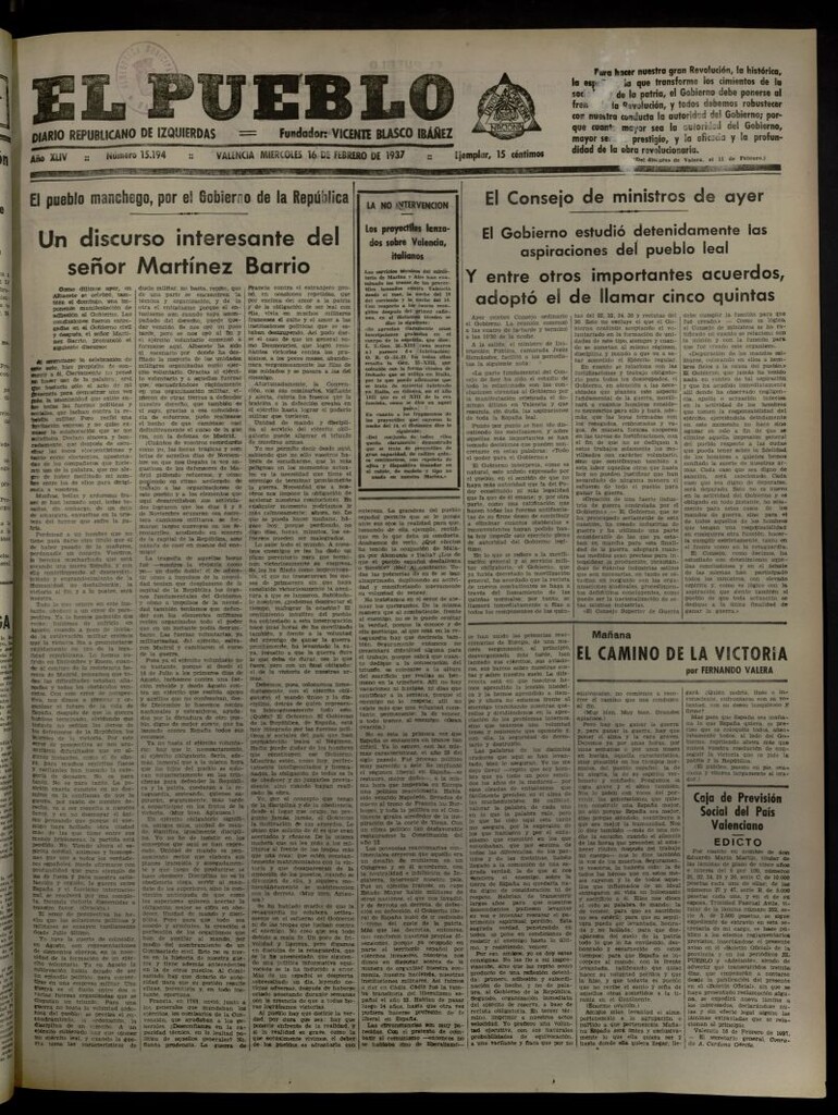 Miniatura de El Pueblo : Diario republicano de Valencia del 17 de febrero de 1937, nº 15.194