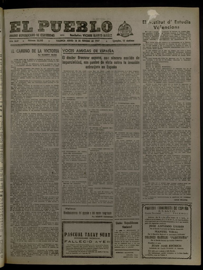 Miniatura de El Pueblo : Diario republicano de Valencia del 18 de febrero de 1937, nº 15.195