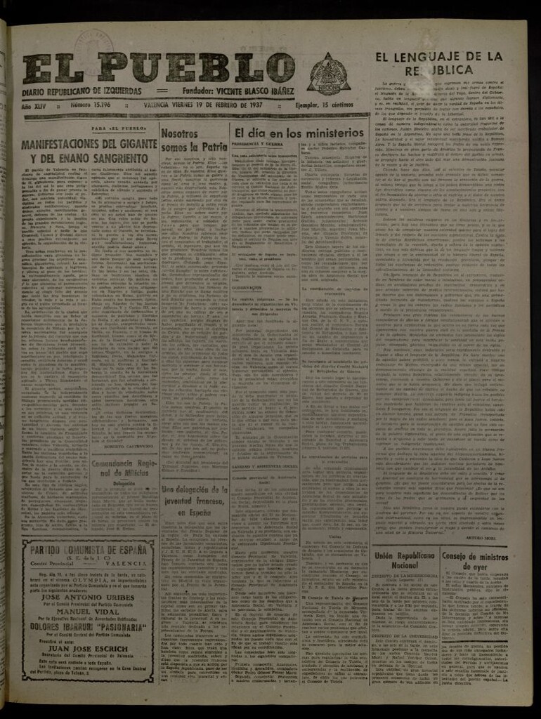 Miniatura de El Pueblo : Diario republicano de Valencia del 19 de febrero de 1937, nº 15.196