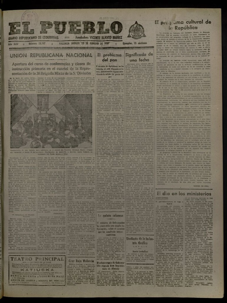 Miniatura de El Pueblo : Diario republicano de Valencia del 20 de febrero de 1937, nº 15.197