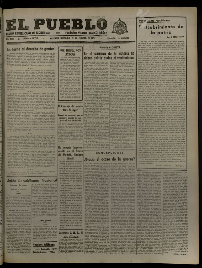 Miniatura de El Pueblo : Diario republicano de Valencia del 21 de febrero de 1937, nº 15.198