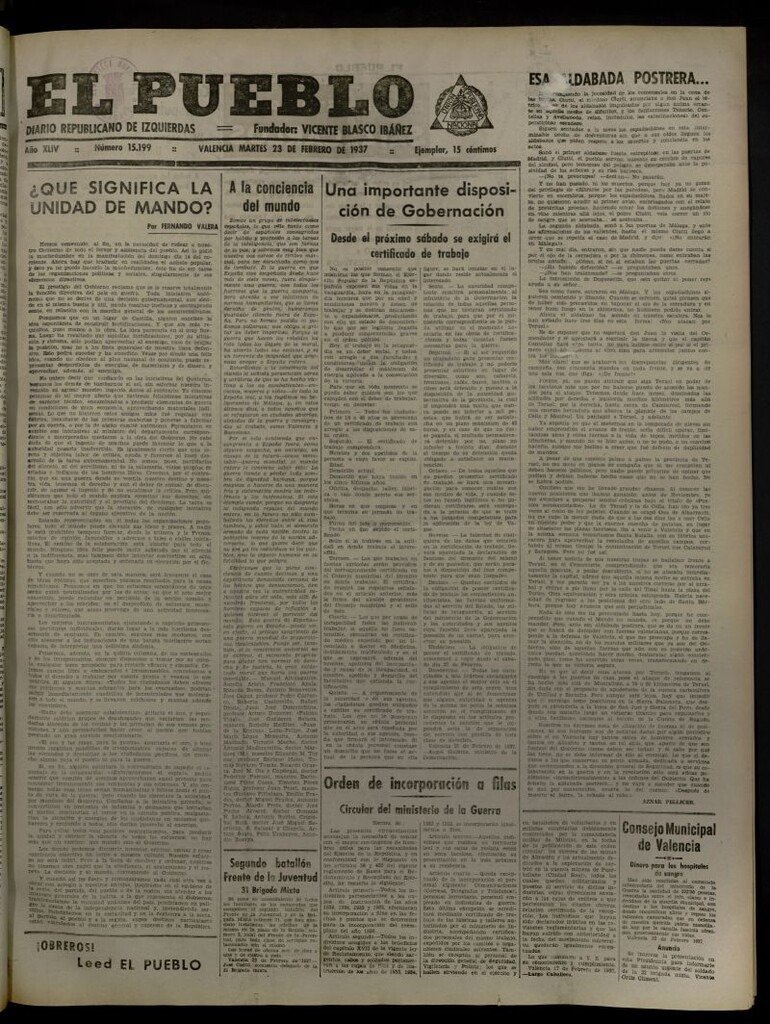 Miniatura de El Pueblo : Diario republicano de Valencia del 23 de febrero de 1937, nº 15.199
